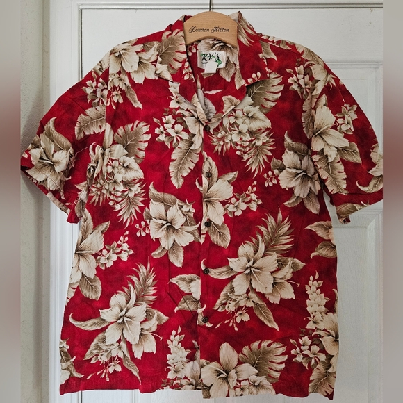 Vintage Ky's Red Floral Button Down Short Sleeve Hawaiian Cotton Shirt Size XL - Picture 1 of 6